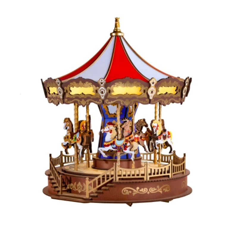 Robotime 3D Wooden Carousel Puzzle Music Box With LED Lights