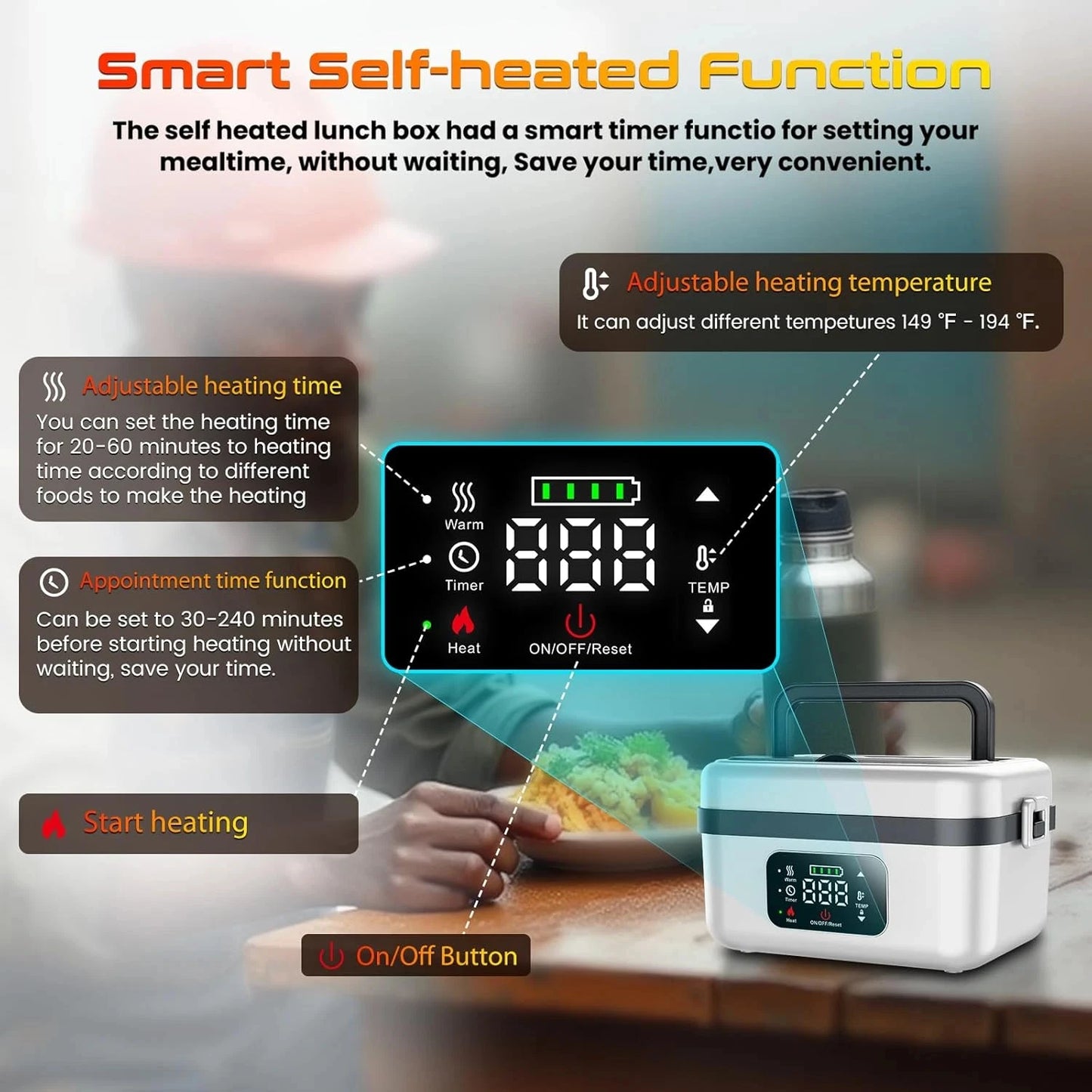 Feature Wireless Insulated Lunch Box 60W Heating 8000mAh Battery